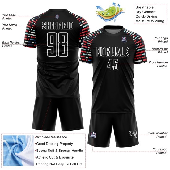 Soccer Geometric Custom Black Jersey Sublimation Uniform Shapes White Soccer Geometric Custom Black Jersey Sublimation Uniform Shapes White