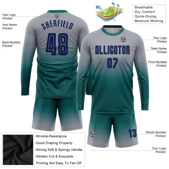 Jersey Sublimation Long Fade Uniform Navy-Teal Custom Sleeve Gray Soccer Fashion