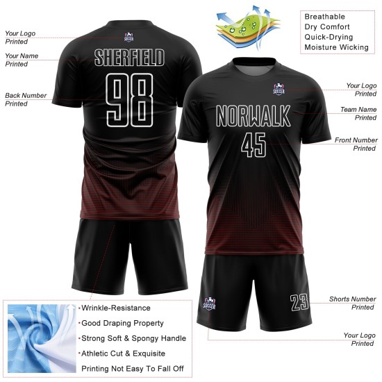 Custom Black Red-White Uniform Jersey Sublimation Soccer Lines Geometric Custom Black Red-White Uniform Jersey Sublimation Soccer Lines Geometric