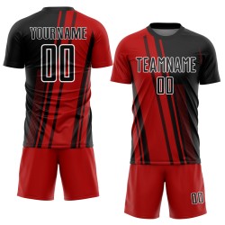 Black-White Soccer Custom Uniform Red Jersey Lines Sublimation Black-White Soccer Custom Uniform Red Jersey Lines Sublimation