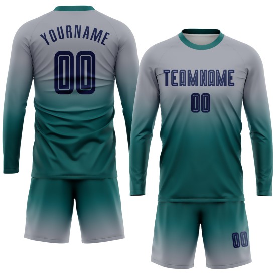 Jersey Sublimation Long Fade Uniform Navy-Teal Custom Sleeve Gray Soccer Fashion
