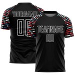 Soccer Geometric Custom Black Jersey Sublimation Uniform Shapes White Soccer Geometric Custom Black Jersey Sublimation Uniform Shapes White