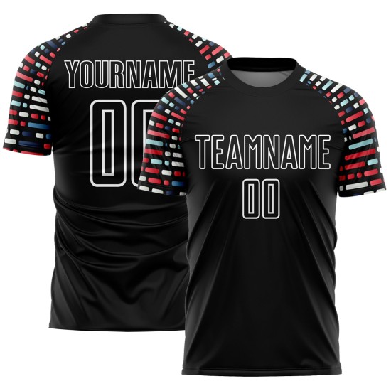 Soccer Geometric Custom Black Jersey Sublimation Uniform Shapes White Soccer Geometric Custom Black Jersey Sublimation Uniform Shapes White