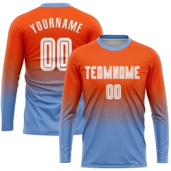Orange Jersey Custom Uniform Soccer Fashion Sublimation Fade Sleeve White-Light Blue Long