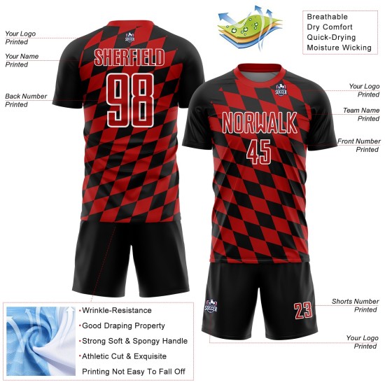 Black Print Soccer Custom Rhombus Sublimation Red-White Uniform Jersey